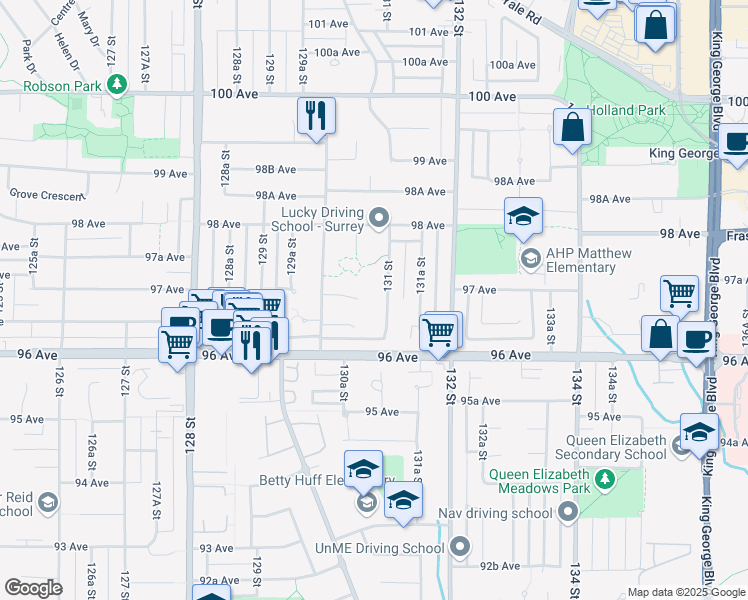map of restaurants, bars, coffee shops, grocery stores, and more near 9687 131 Street in Surrey