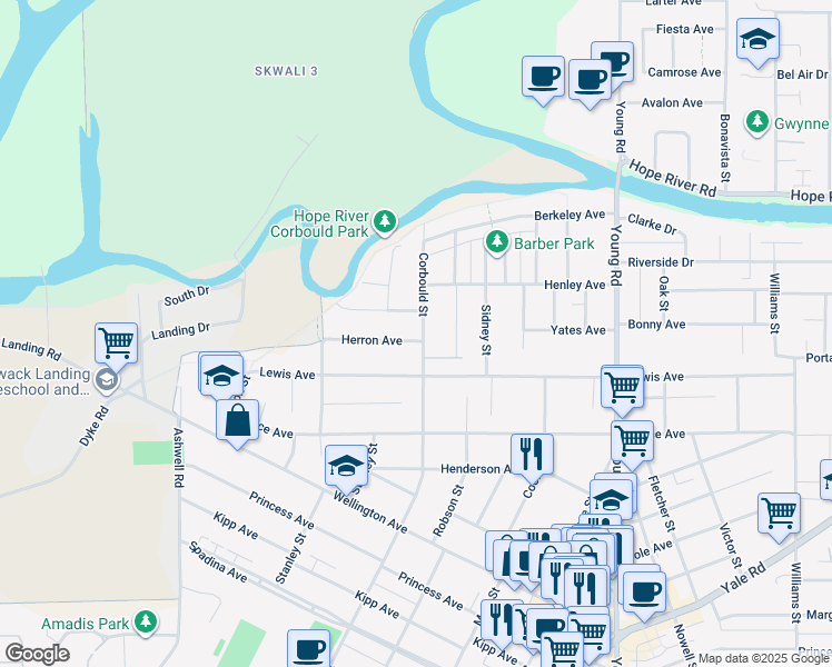 map of restaurants, bars, coffee shops, grocery stores, and more near 45685 Herron Avenue in Chilliwack