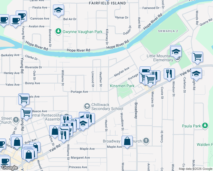 map of restaurants, bars, coffee shops, grocery stores, and more near 9719 Hazel Street in Chilliwack