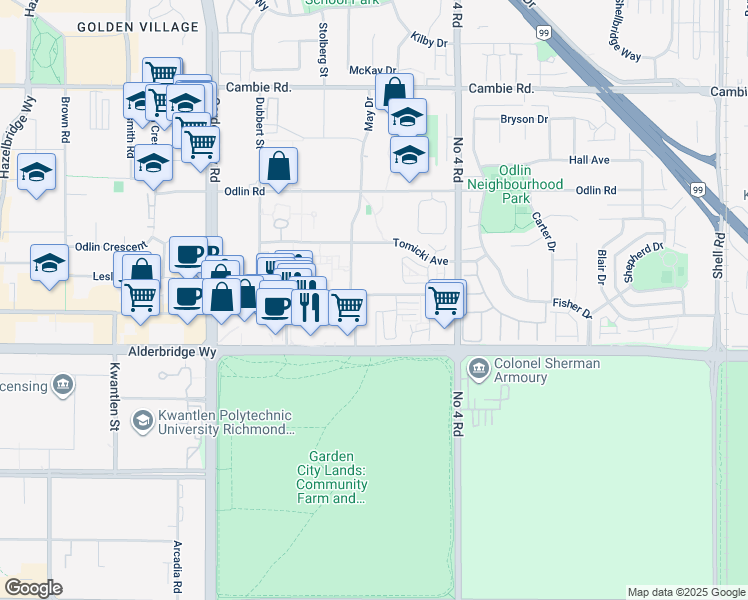 map of restaurants, bars, coffee shops, grocery stores, and more near 9680 Alexandra Road in Richmond