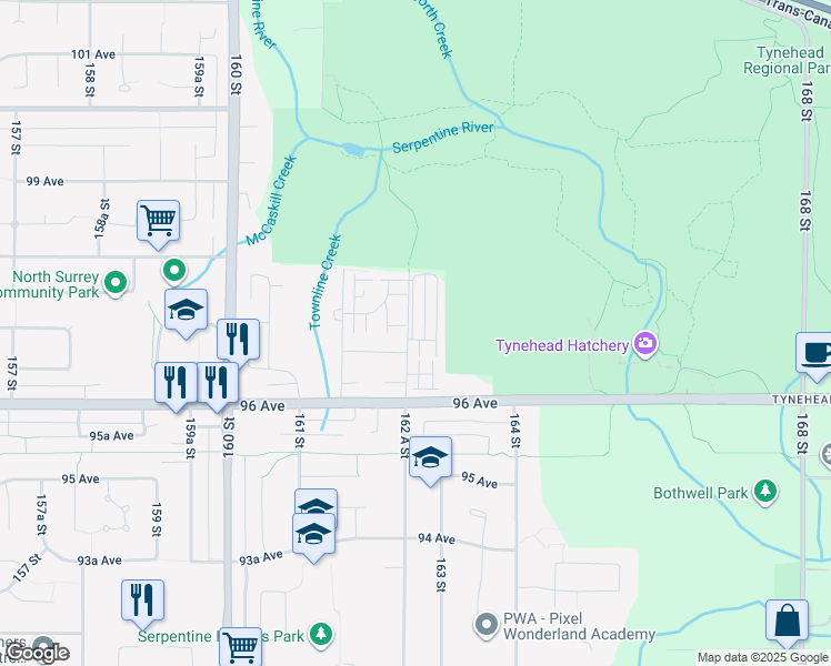 map of restaurants, bars, coffee shops, grocery stores, and more near 9688 162 A Street in Surrey