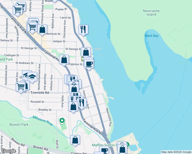 map of restaurants, bars, coffee shops, grocery stores, and more near 550 Blue Girl Way in Nanaimo
