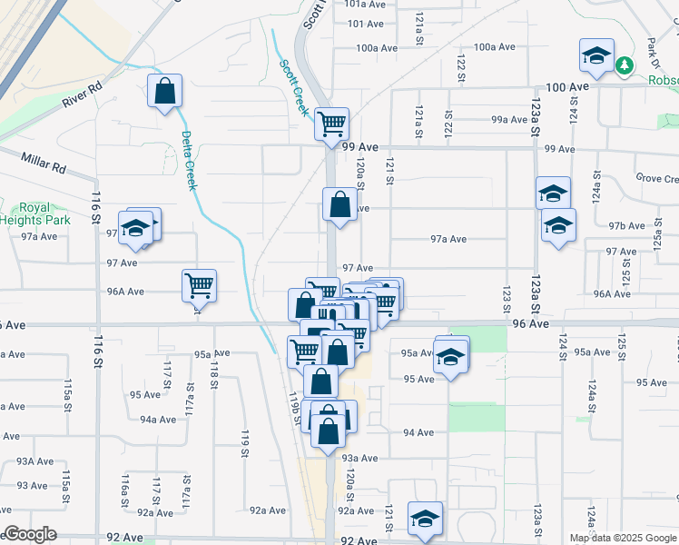 map of restaurants, bars, coffee shops, grocery stores, and more near 12008 97 Avenue in Surrey