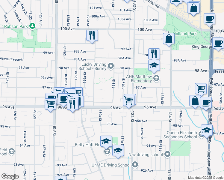 map of restaurants, bars, coffee shops, grocery stores, and more near 9689 131 Street in Surrey