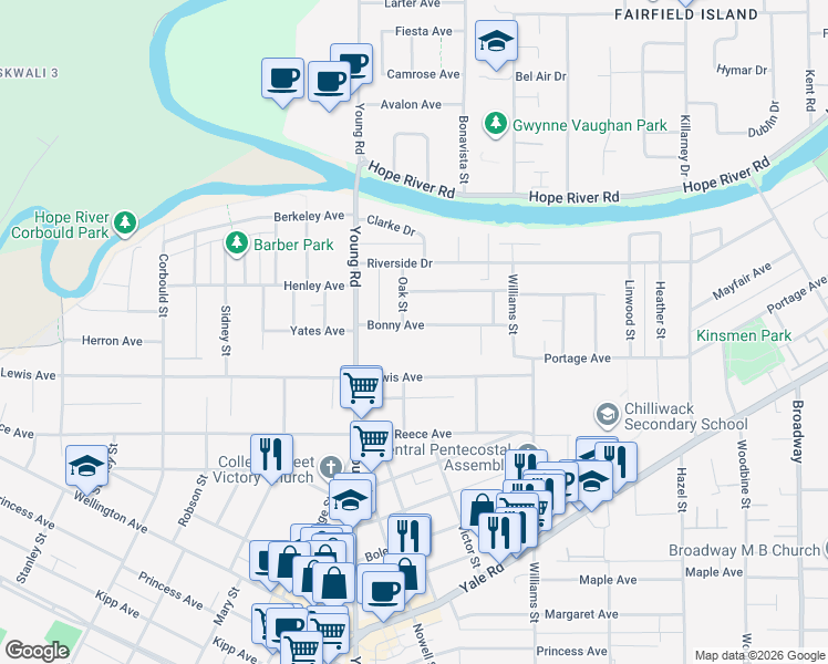 map of restaurants, bars, coffee shops, grocery stores, and more near 46044 Bonny Avenue in Chilliwack