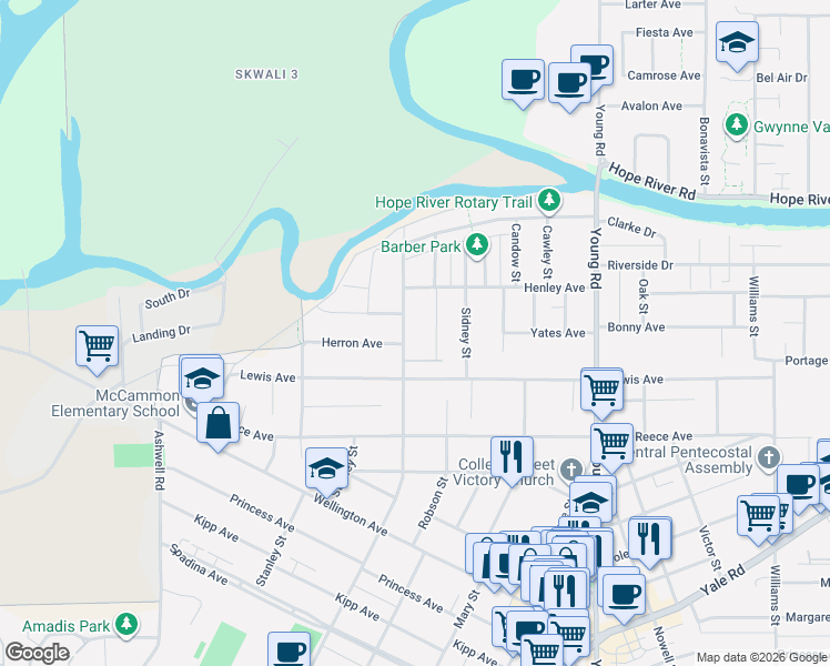 map of restaurants, bars, coffee shops, grocery stores, and more near 9716 Corbould Street in Chilliwack