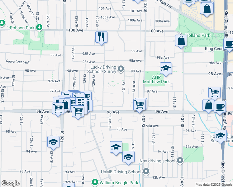map of restaurants, bars, coffee shops, grocery stores, and more near 13063 97 Avenue in Surrey