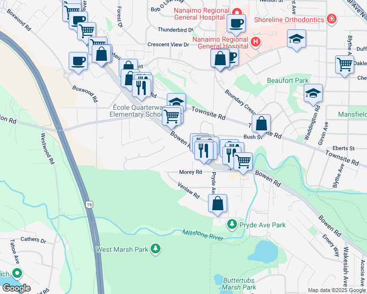 map of restaurants, bars, coffee shops, grocery stores, and more near 1621 Bowen Road in Nanaimo