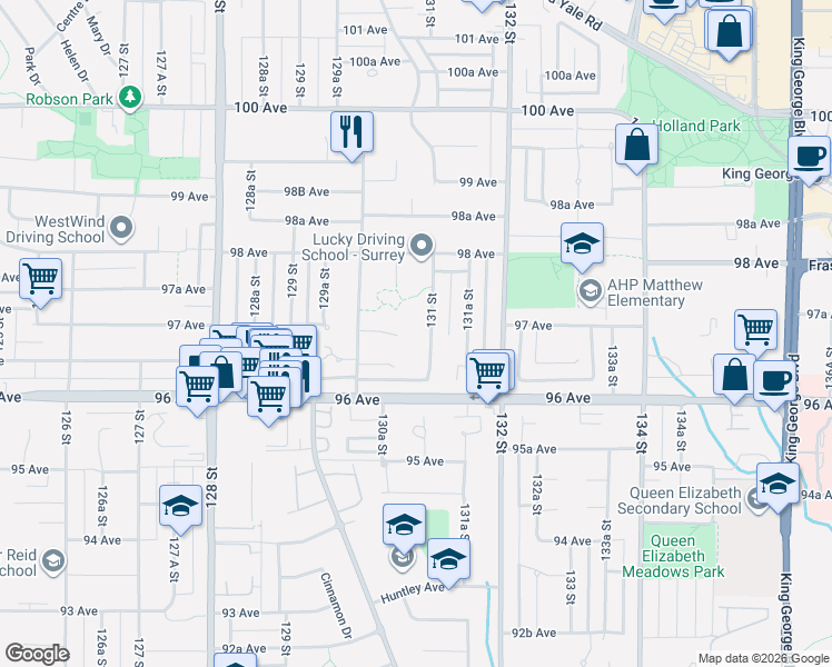 map of restaurants, bars, coffee shops, grocery stores, and more near 9689 131 Street in Surrey