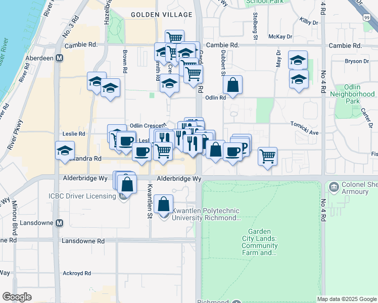 map of restaurants, bars, coffee shops, grocery stores, and more near 2125-4653 Garden City Road in Richmond