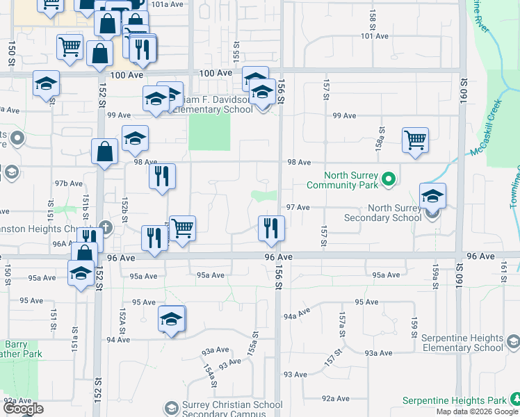 map of restaurants, bars, coffee shops, grocery stores, and more near 9683 155B Street in Surrey