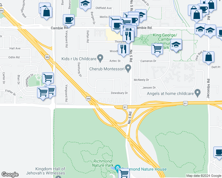 map of restaurants, bars, coffee shops, grocery stores, and more near 4791 Dumont Street in Richmond