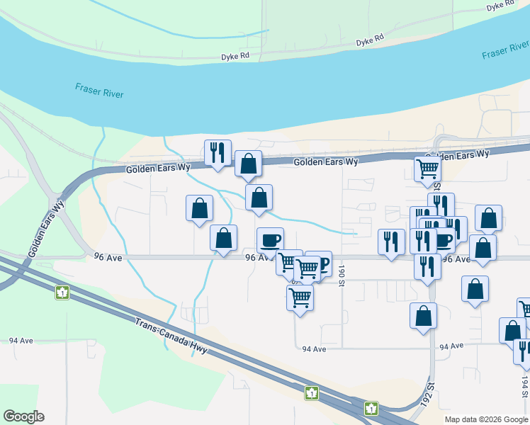 map of restaurants, bars, coffee shops, grocery stores, and more near 9706 188 Street in Surrey