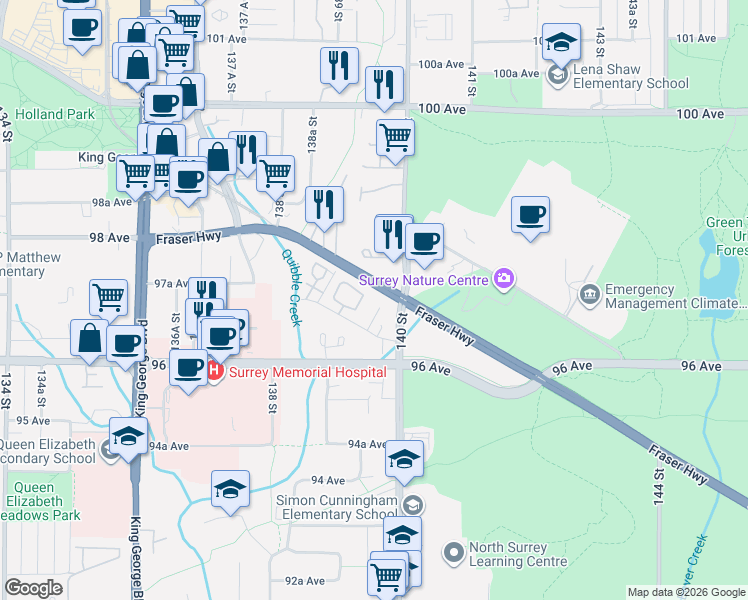 map of restaurants, bars, coffee shops, grocery stores, and more near in Surrey