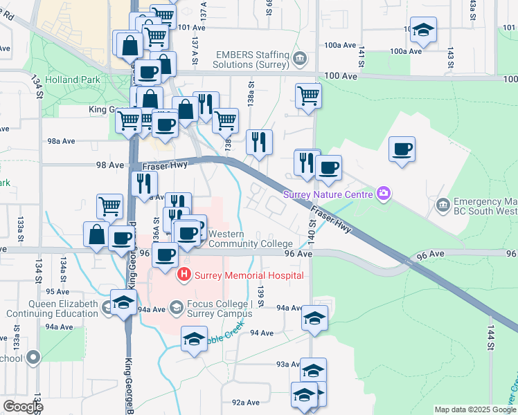 map of restaurants, bars, coffee shops, grocery stores, and more near in Surrey