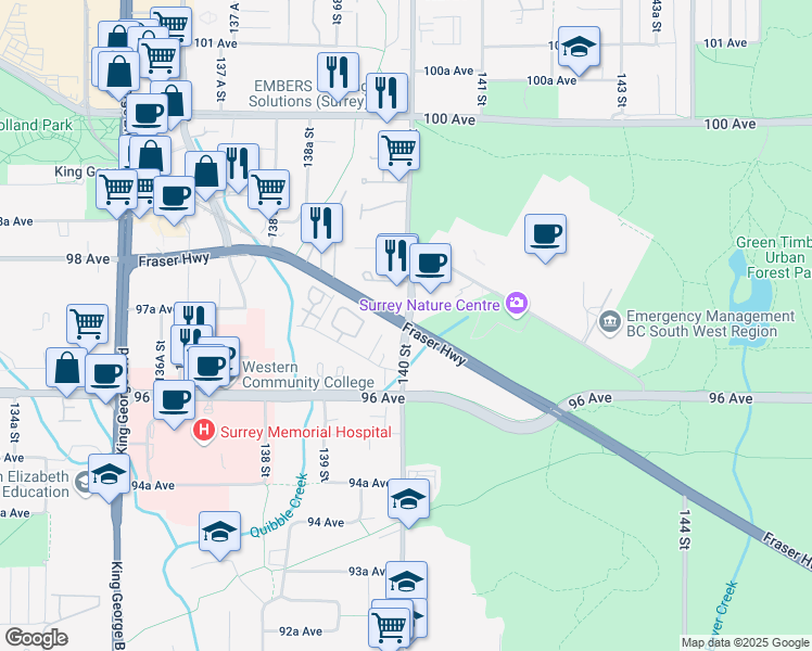 map of restaurants, bars, coffee shops, grocery stores, and more near 13978 Fraser Highway in Surrey