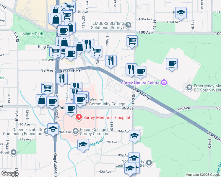 map of restaurants, bars, coffee shops, grocery stores, and more near 13883 Laurel Drive in Surrey