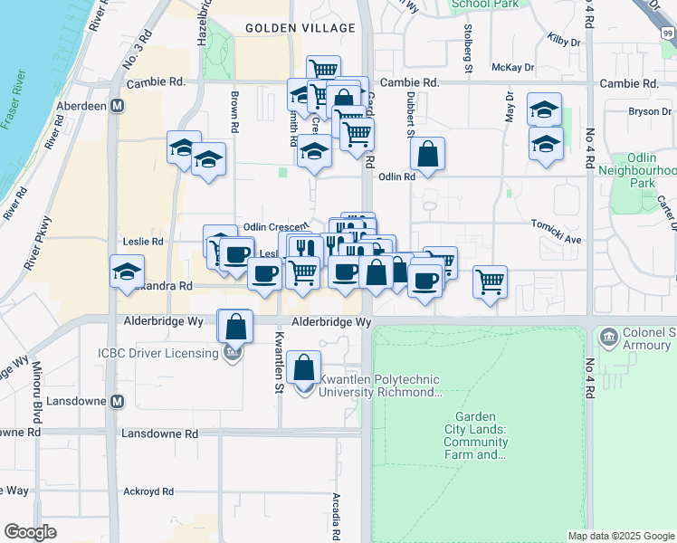 map of restaurants, bars, coffee shops, grocery stores, and more near 2125-4653 Garden City Road in Richmond