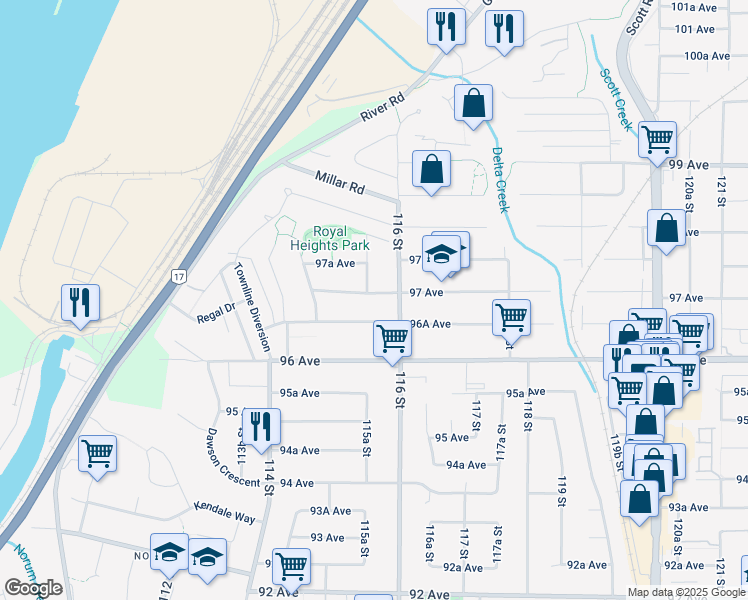 map of restaurants, bars, coffee shops, grocery stores, and more near 11564 97 Avenue in Surrey