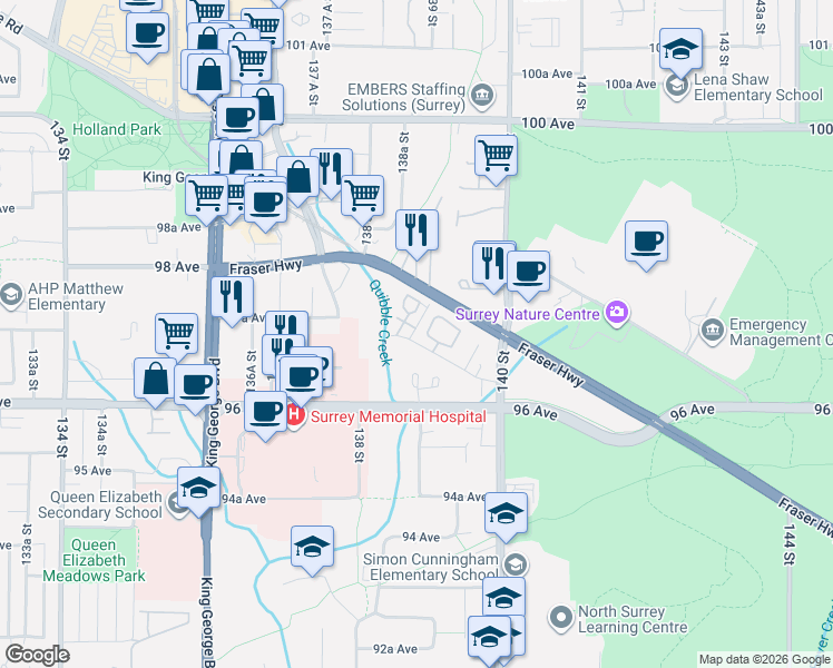 map of restaurants, bars, coffee shops, grocery stores, and more near 13883 Laurel Drive in Surrey