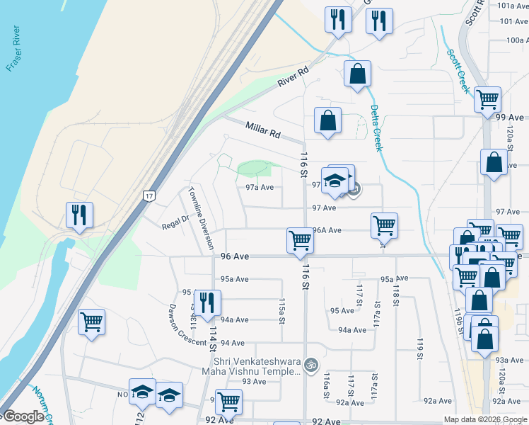 map of restaurants, bars, coffee shops, grocery stores, and more near 11516 97 Avenue in Surrey