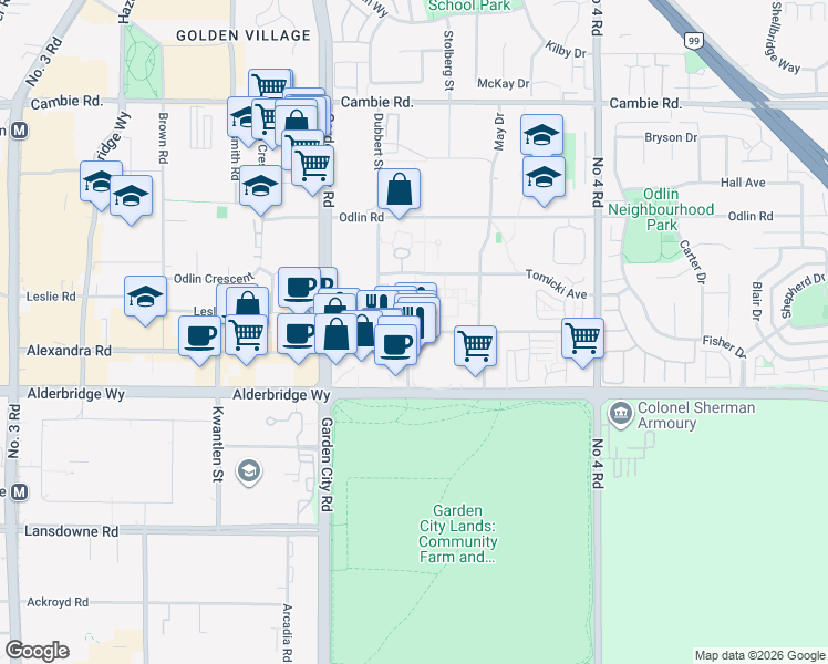map of restaurants, bars, coffee shops, grocery stores, and more near 9251 Alexandra Road in Richmond