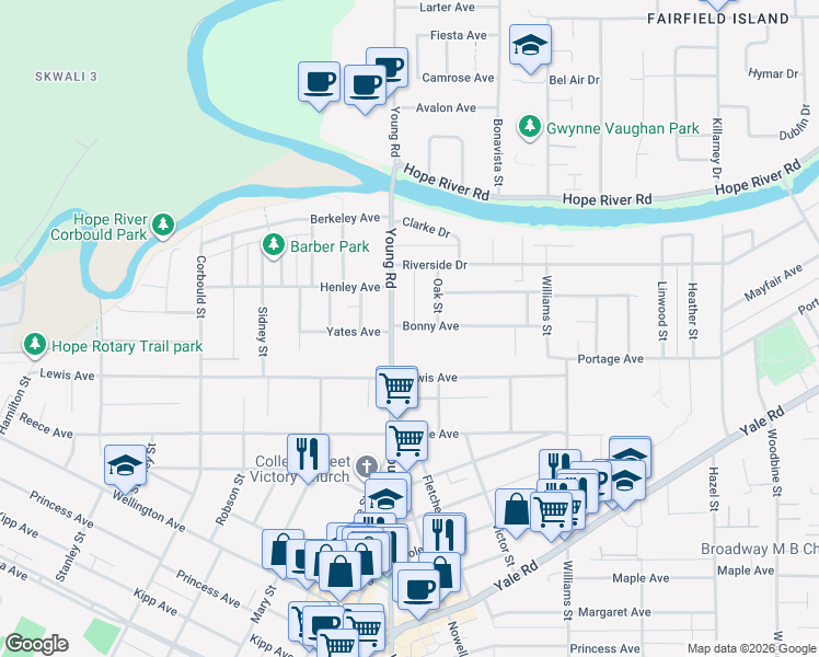 map of restaurants, bars, coffee shops, grocery stores, and more near 46000 Bonny Avenue in Chilliwack