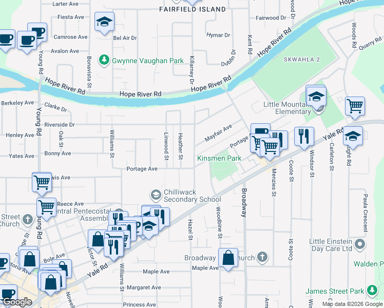 map of restaurants, bars, coffee shops, grocery stores, and more near 9727 Hazel Street in Chilliwack