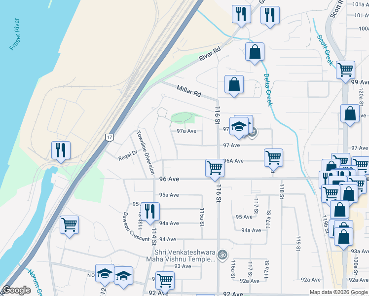 map of restaurants, bars, coffee shops, grocery stores, and more near 11490 97 Avenue in Surrey