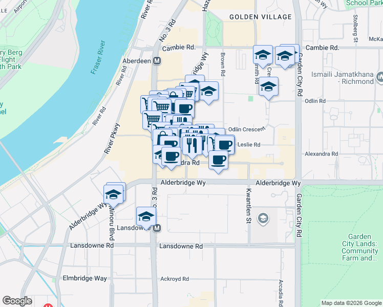 map of restaurants, bars, coffee shops, grocery stores, and more near 8171 Alexandra Road in Richmond