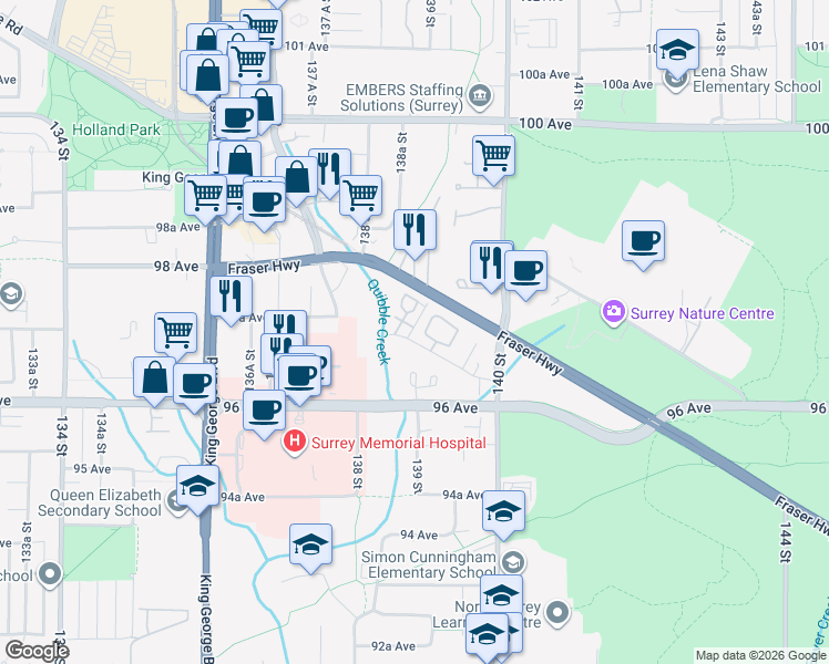 map of restaurants, bars, coffee shops, grocery stores, and more near 13883 Laurel Drive in Surrey