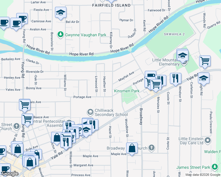 map of restaurants, bars, coffee shops, grocery stores, and more near 9726 Hazel Street in Chilliwack