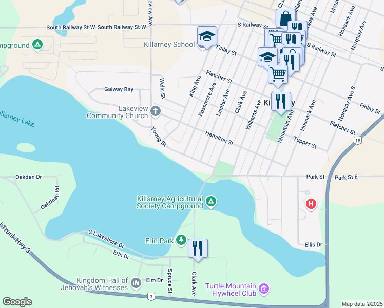 map of restaurants, bars, coffee shops, grocery stores, and more near 410 Young Street in Killarney