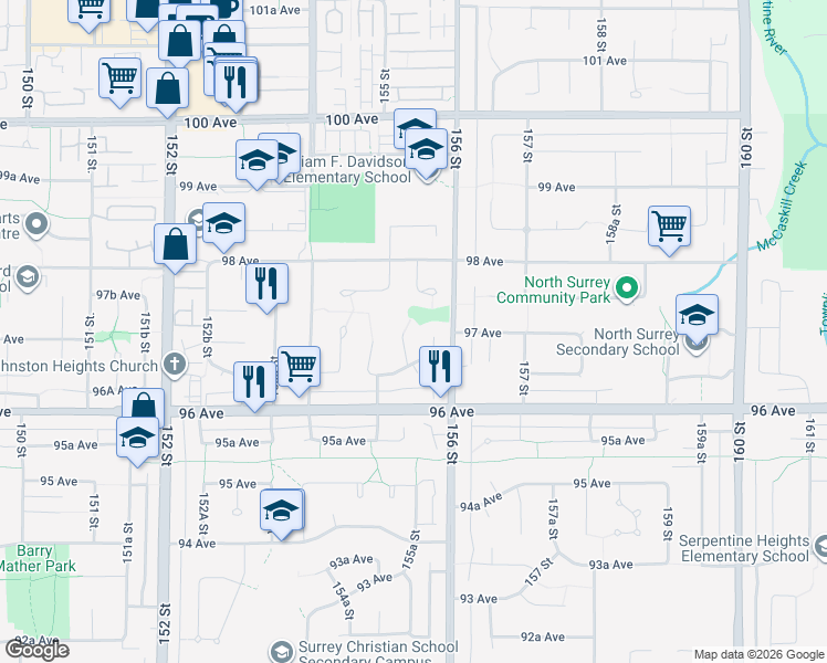 map of restaurants, bars, coffee shops, grocery stores, and more near 9682 155A Street in Surrey