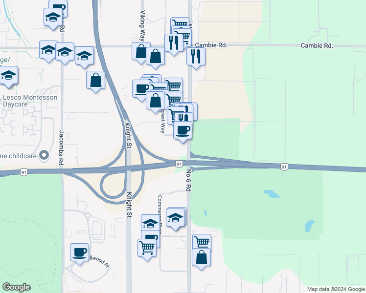 map of restaurants, bars, coffee shops, grocery stores, and more near 13988 Maycrest Way in Richmond