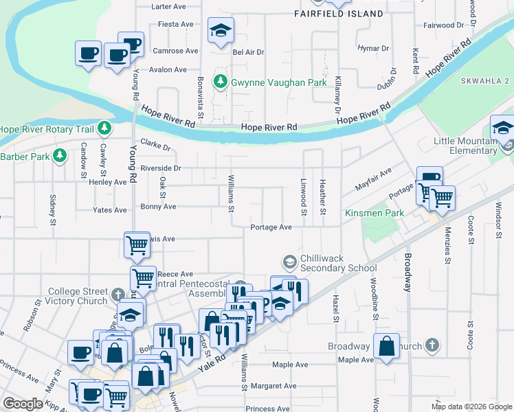 map of restaurants, bars, coffee shops, grocery stores, and more near 9725 Juniper Street in Chilliwack