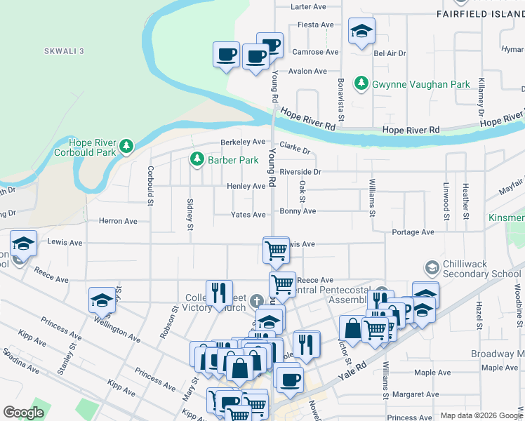 map of restaurants, bars, coffee shops, grocery stores, and more near 45949 Yates Avenue in Chilliwack
