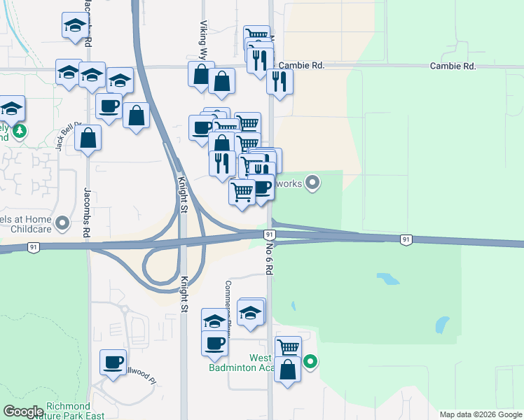 map of restaurants, bars, coffee shops, grocery stores, and more near 13988 Maycrest Way in Richmond