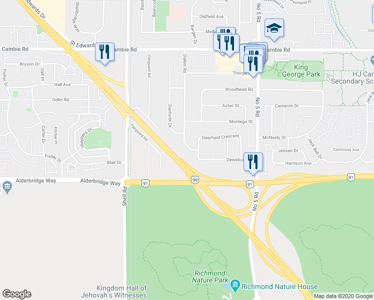 map of restaurants, bars, coffee shops, grocery stores, and more near 4651 Dallyn Road in Richmond