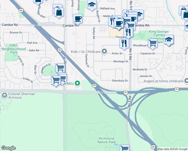 map of restaurants, bars, coffee shops, grocery stores, and more near 4651 Dallyn Road in Richmond