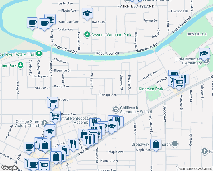 map of restaurants, bars, coffee shops, grocery stores, and more near 9726 Juniper Street in Chilliwack