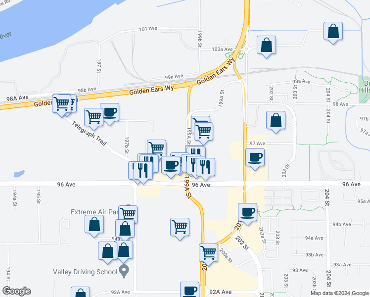map of restaurants, bars, coffee shops, grocery stores, and more near 9703 199A Street in Langley