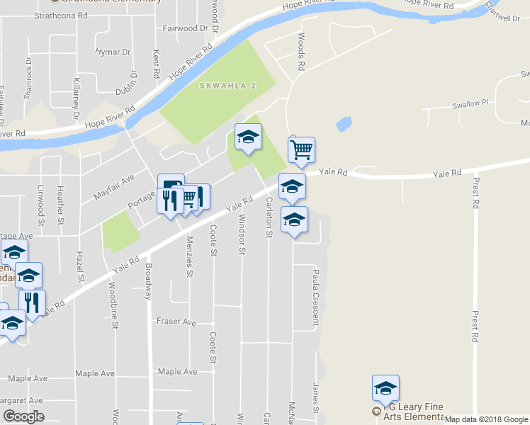 map of restaurants, bars, coffee shops, grocery stores, and more near 9765 Carleton Street in Chilliwack