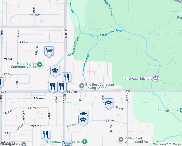 map of restaurants, bars, coffee shops, grocery stores, and more near 9718 161A Street in Surrey