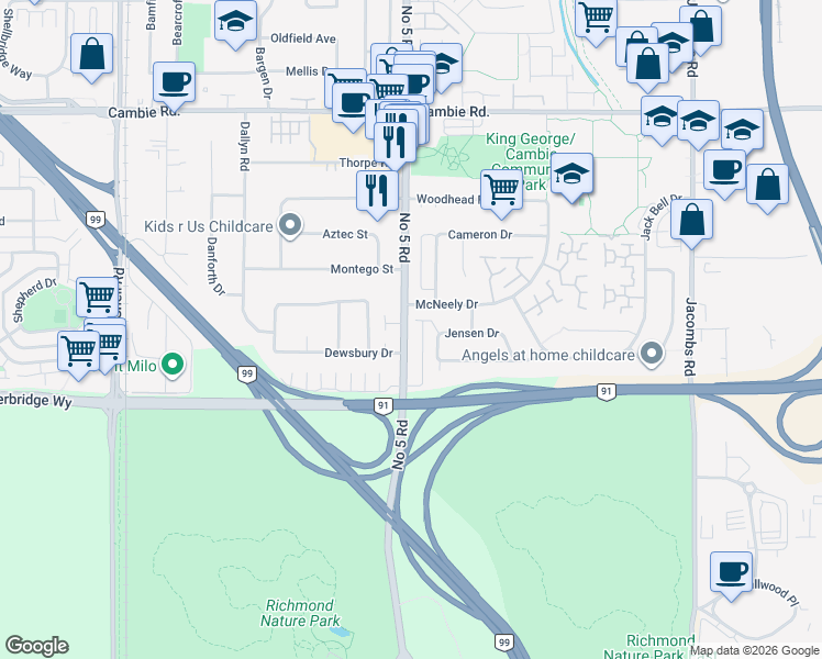 map of restaurants, bars, coffee shops, grocery stores, and more near 4640 Number 5 Road in Richmond