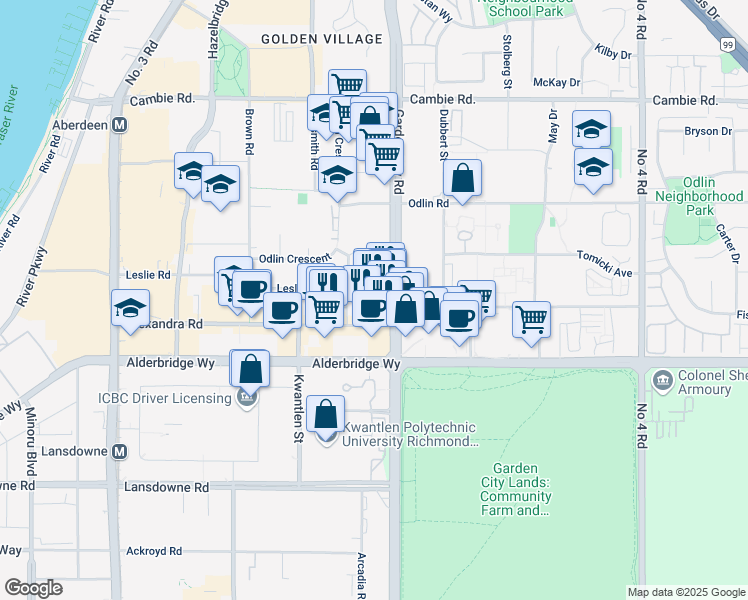 map of restaurants, bars, coffee shops, grocery stores, and more near 4653 Garden City Road in Richmond