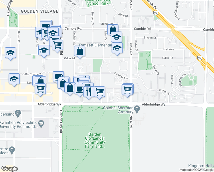 map of restaurants, bars, coffee shops, grocery stores, and more near 9680 Alexandra Road in Richmond