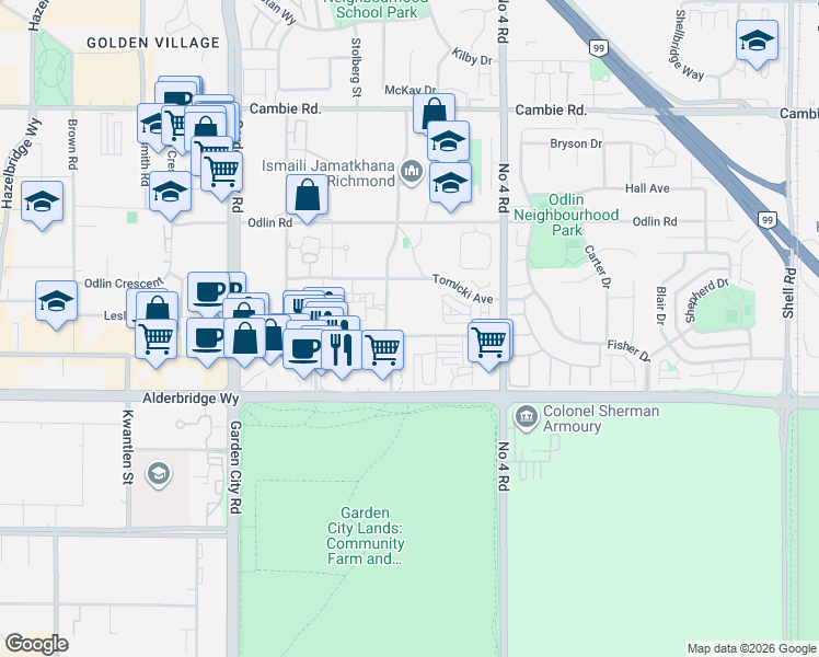 map of restaurants, bars, coffee shops, grocery stores, and more near 9551 Alexandra Road in Richmond