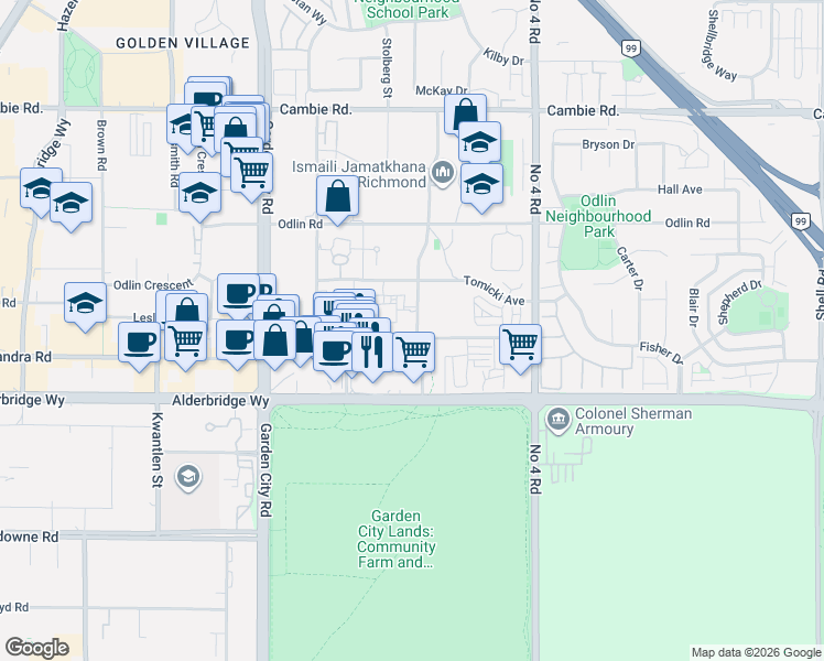 map of restaurants, bars, coffee shops, grocery stores, and more near 9399 Alexandra Road in Richmond