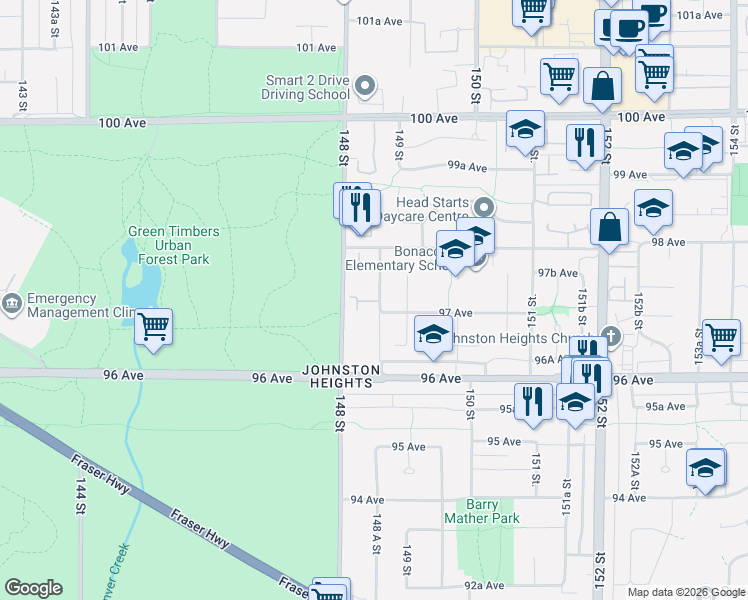 map of restaurants, bars, coffee shops, grocery stores, and more near 9715 148 A Street in Surrey